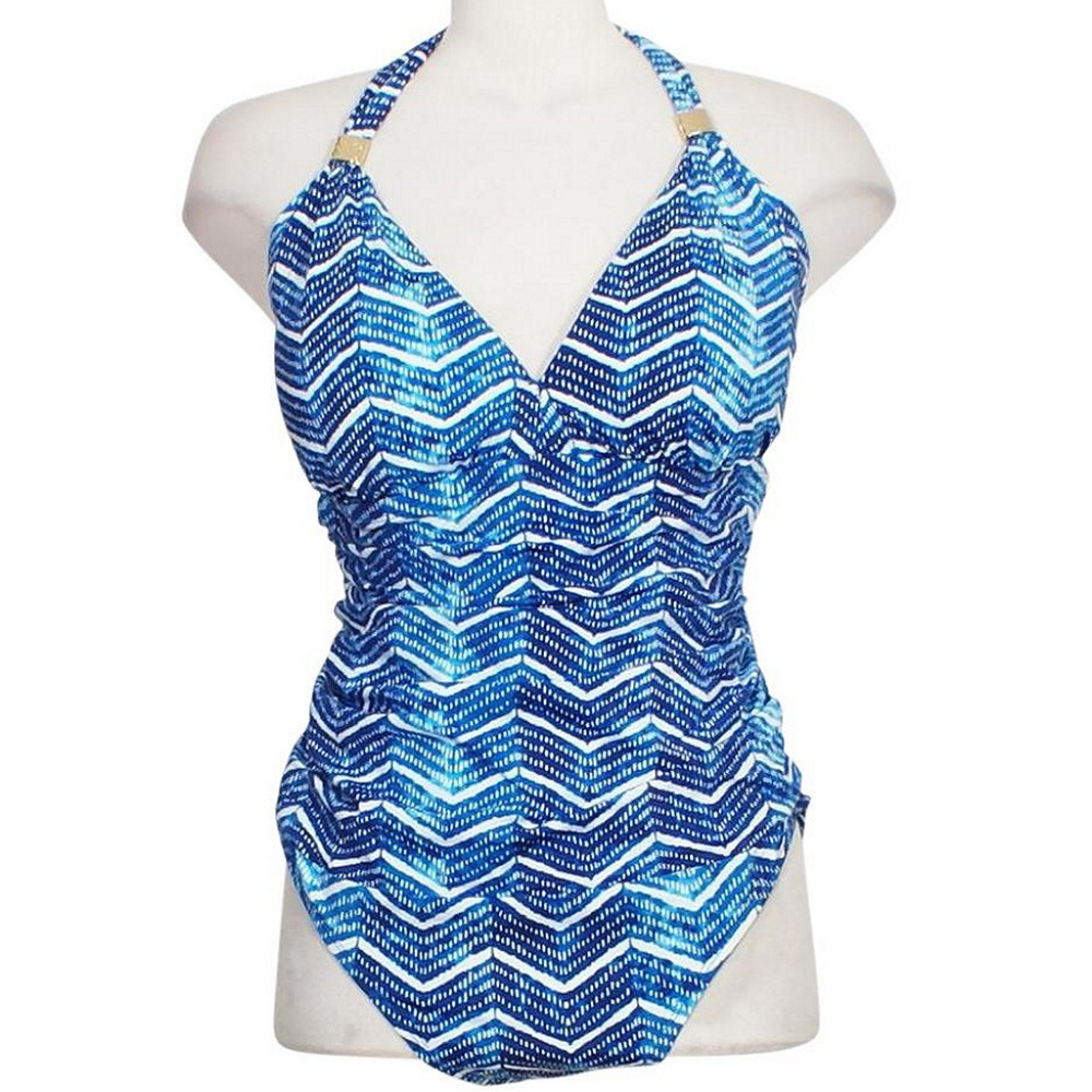 LAUREN RALPH LAUREN Blue Halter Herringbone Slimming Fit Swimsuit 20W